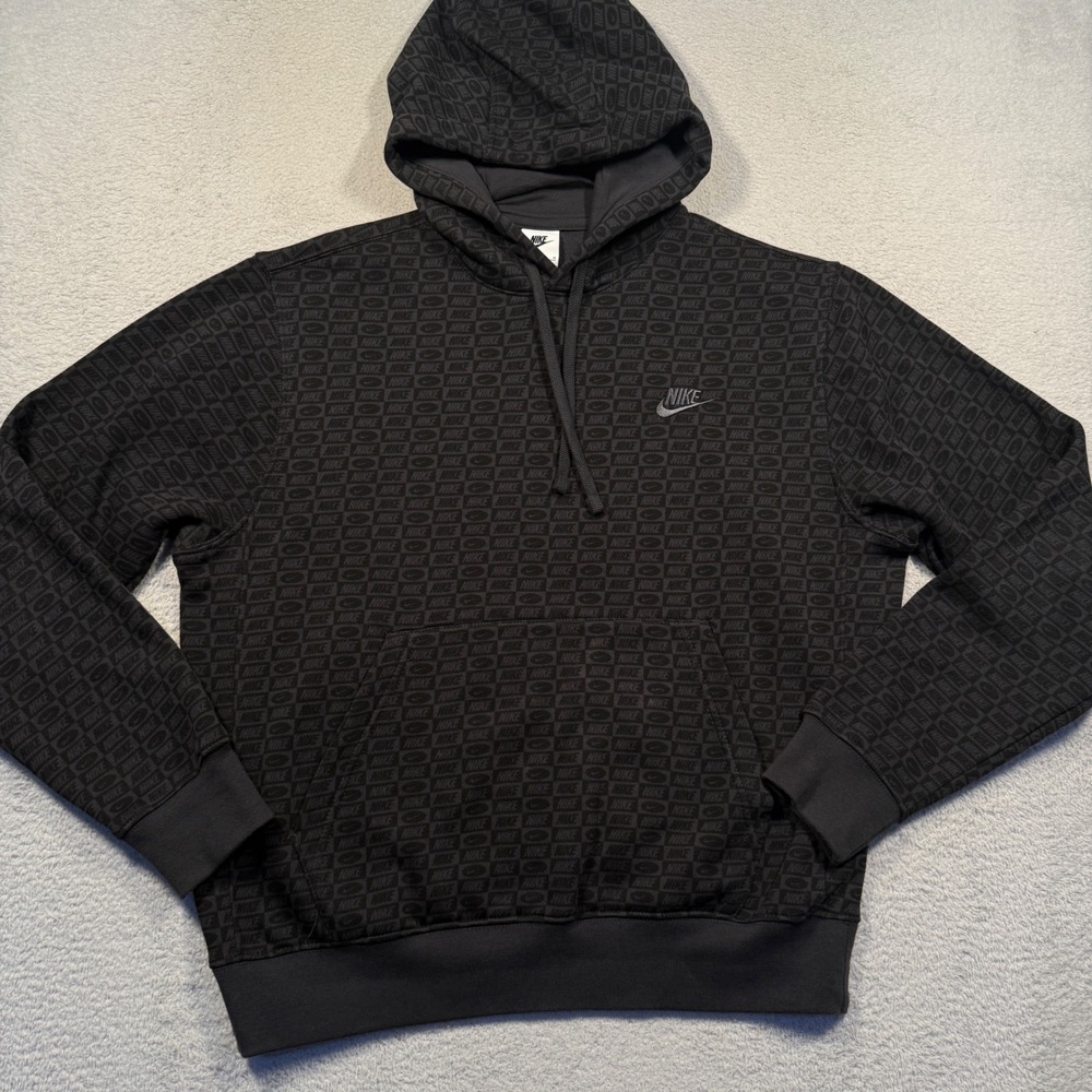 Nike Club Fleece Hoodie Mens Size M Black All Over Print‎ HJ6886-045 Sweatshirt